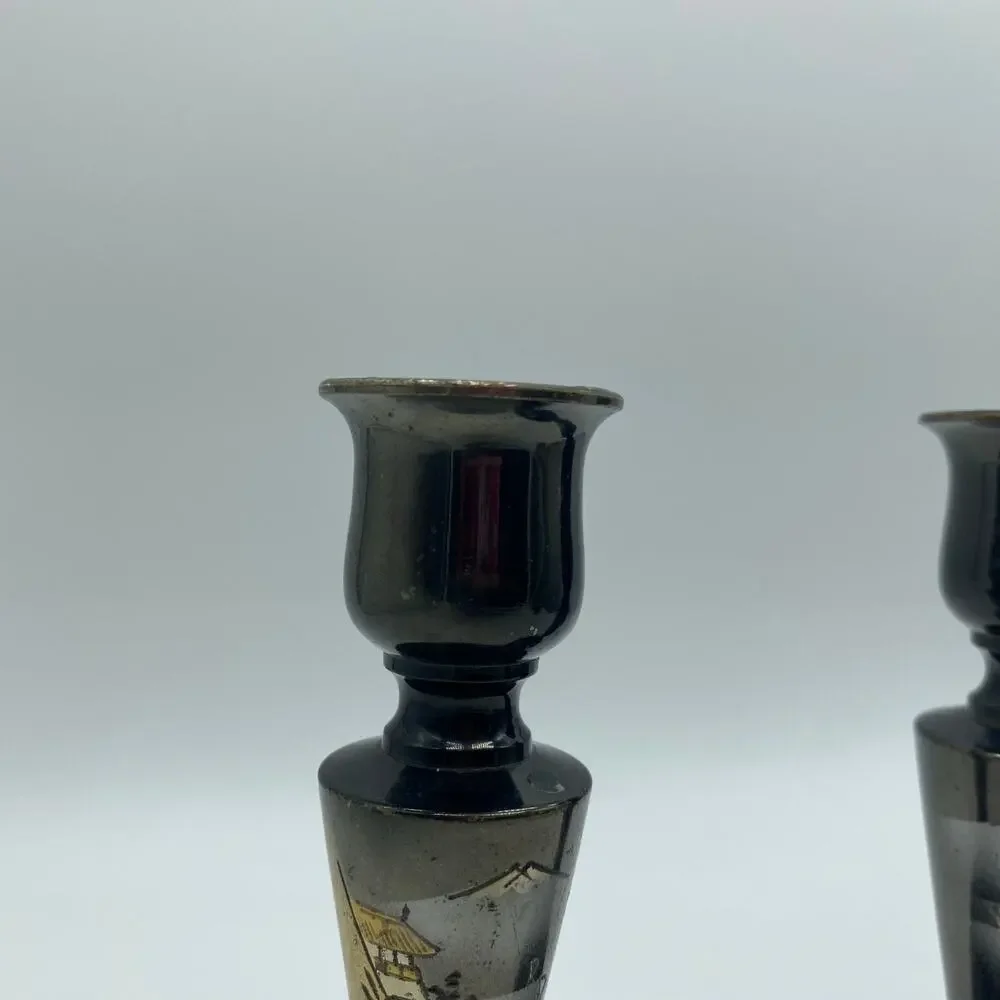 Mid Century Modern Silver Etched Japanese Candlestick Holders Vintage Asian Art
